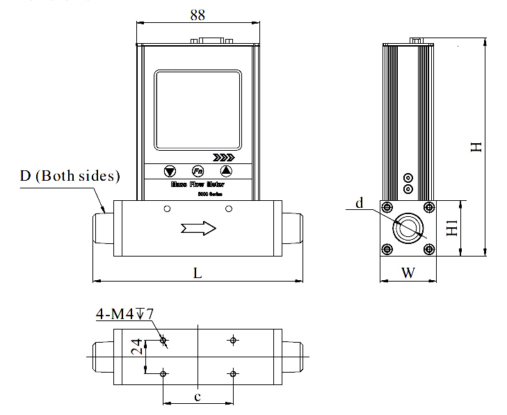 Gas mass flow meter dimension